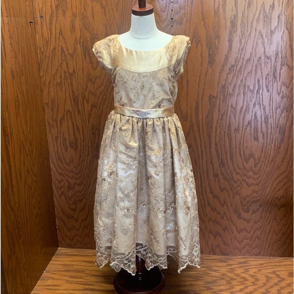 Princess Girls Gold Lace Party Dress Size 10 Satin Special Occasion Formal